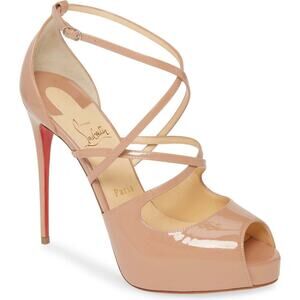 Christian Louboutin Holly Alta 120 Nude Patent Cross Strap Sandal Heel Pump 42